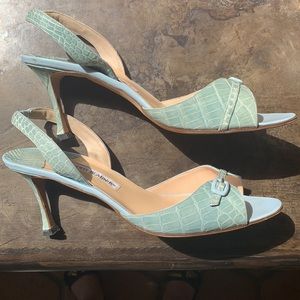 Manolo Blahnik 3” heels. Size 40.5.  Light teal.